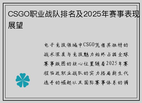 CSGO职业战队排名及2025年赛事表现展望